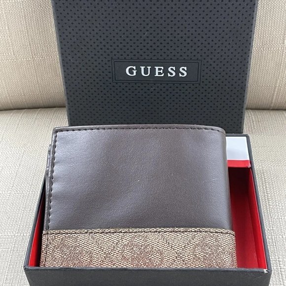 Guess Men Billfold Cardholder Brown Leather Bifold Wallet Purse New In Box - Picture 3 of 12